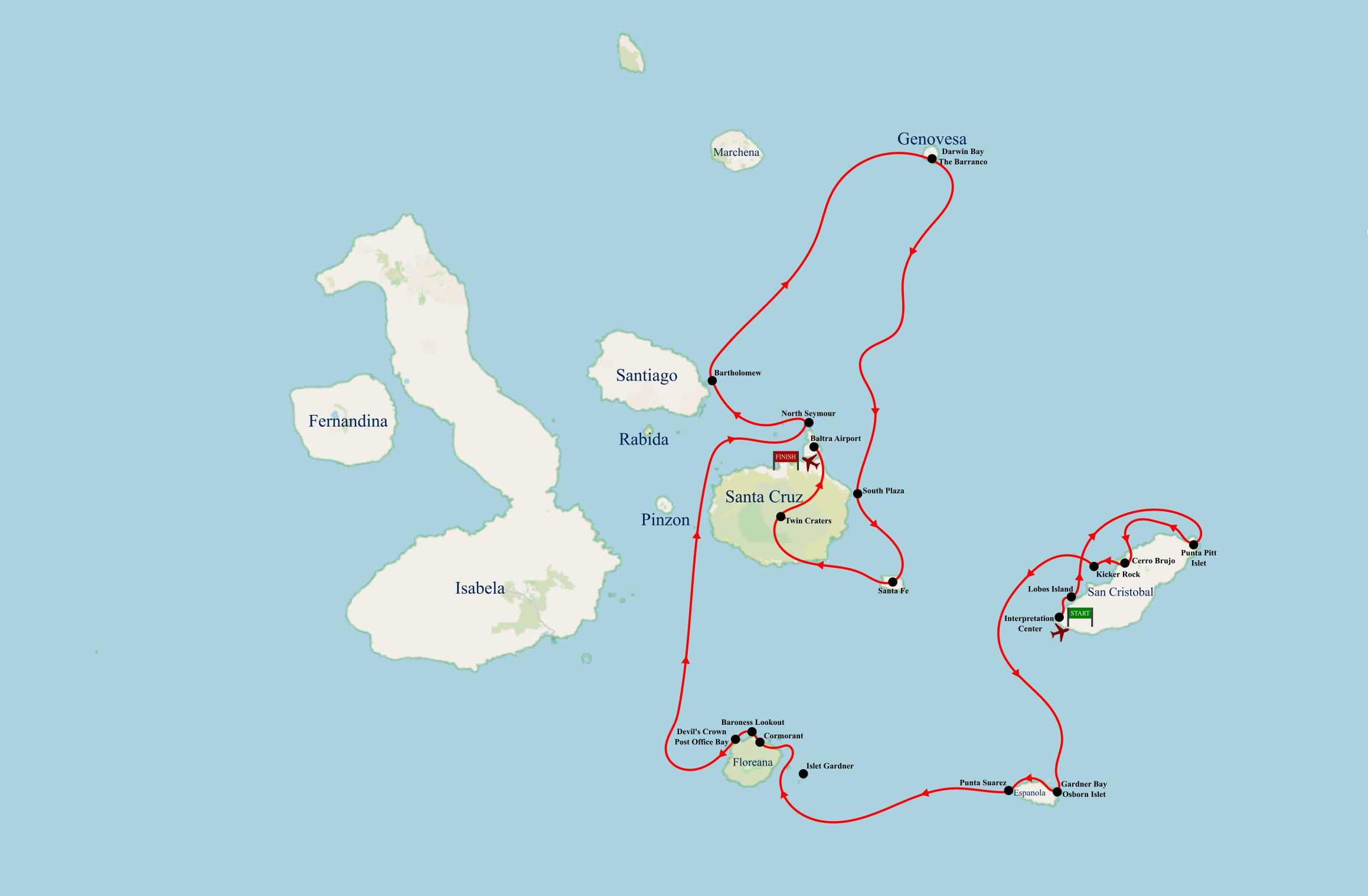 Galapagos - 8 days cruising  aboard Stella Maris Itinerary A map