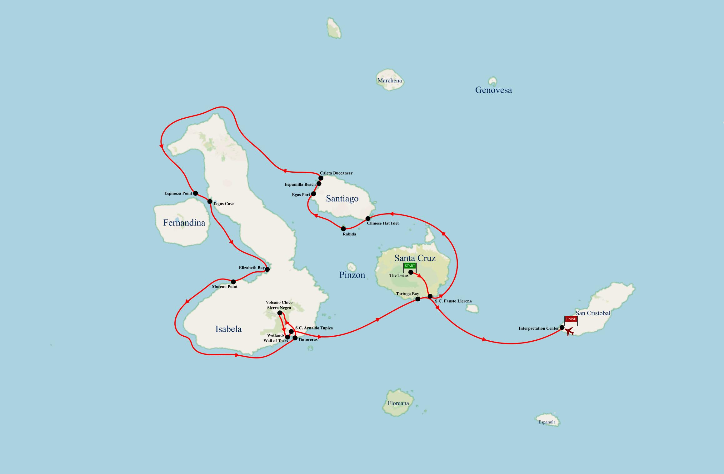 Galapagos - 8 days cruising West & Central islands aboard Alia map
